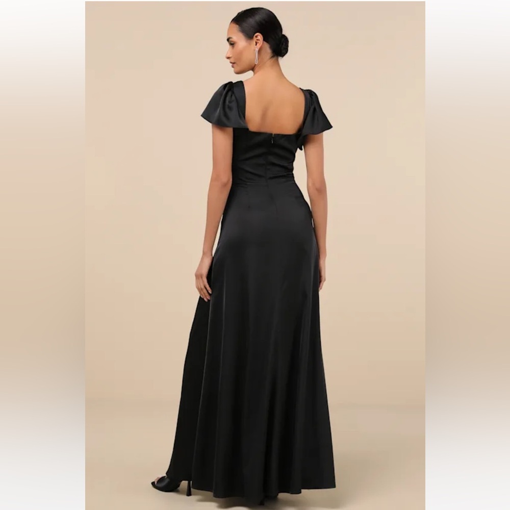 NWT Lulus Ultimate Sweetness Black Satin Flutter Sleeve Maxi Dress Elegant M - Picture 5 of 6